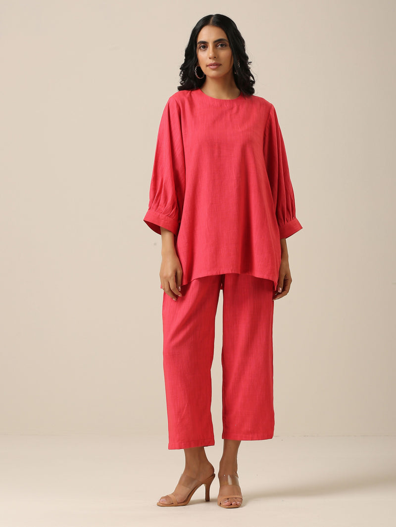 Bright Pink Slub Texture Baggy Sleeve Co-Ord Set