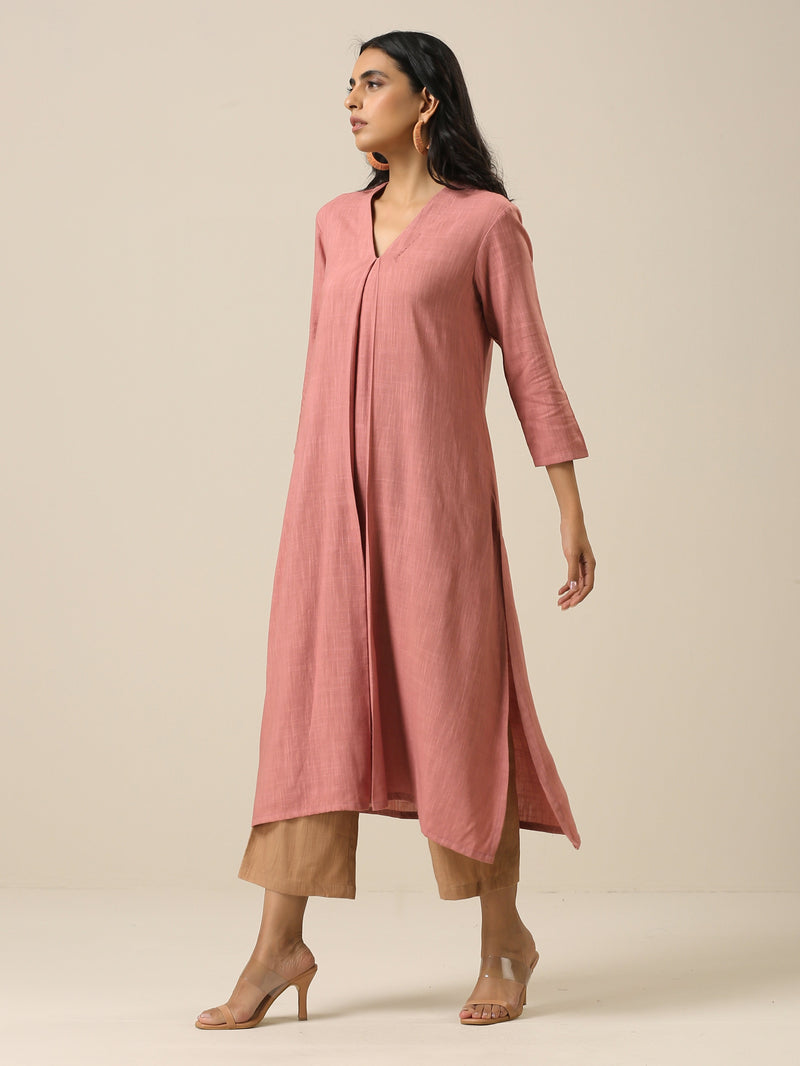 Light Mauve Slub Texture Neck Pleat Kurta Pant Set