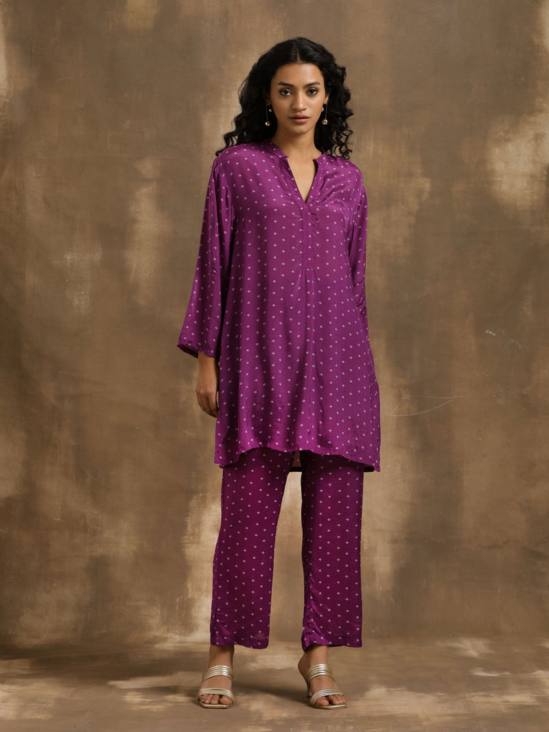 Purple Bandhani Printed Silk Co-Ord Set