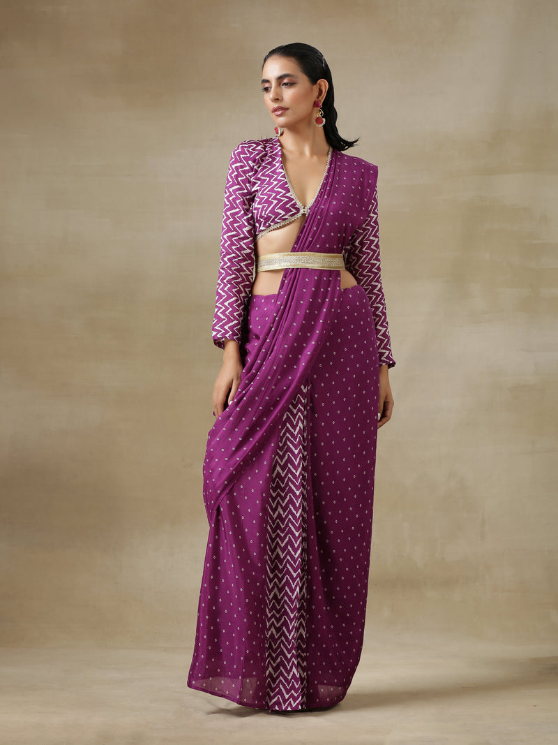 Purple Bandhani Printed Silk Pre-Pleat Stitched Saree with Belt