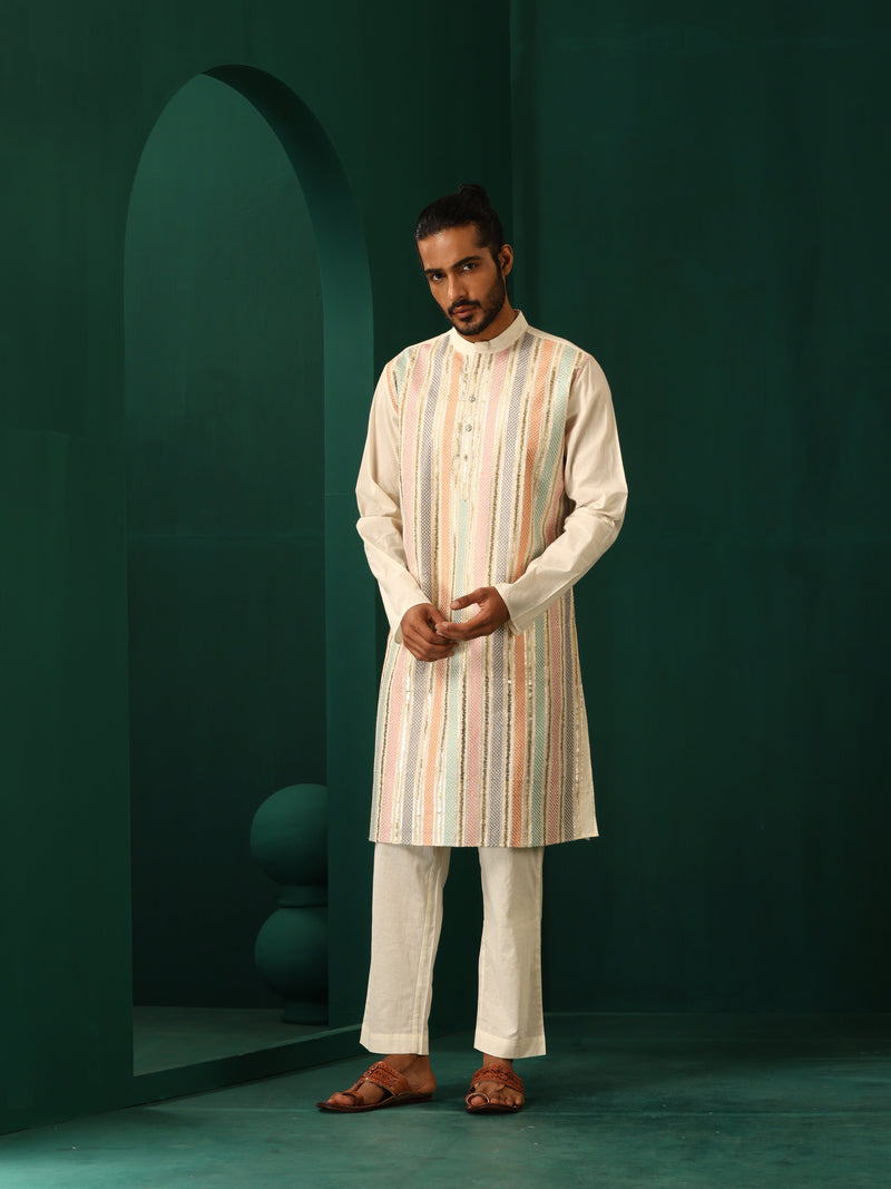 trueBrowns Men's Ivory Multi Colour Striped Cotton Kurta