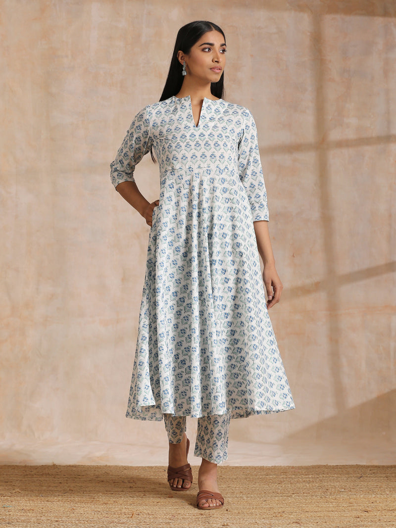 White With Blue Green Buta Print Cotton Flared Kurta Pant Set