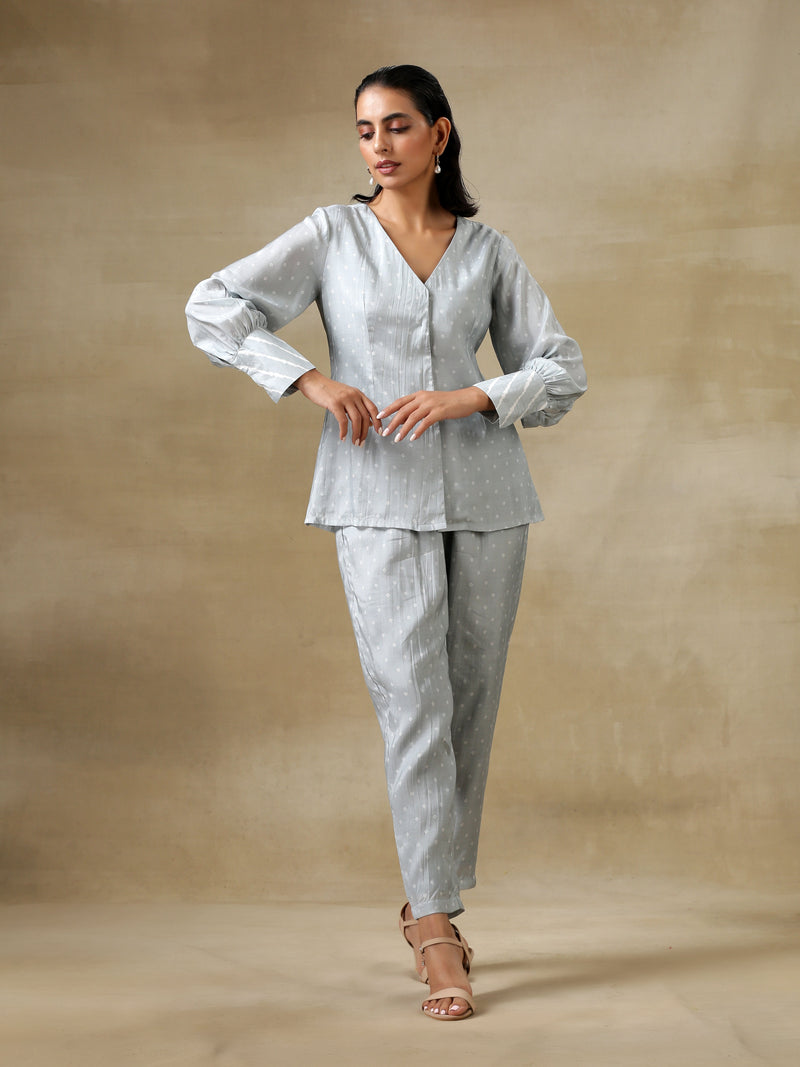 Grey Bandhani Printed Silk Front Open Short Co-Ord  Set