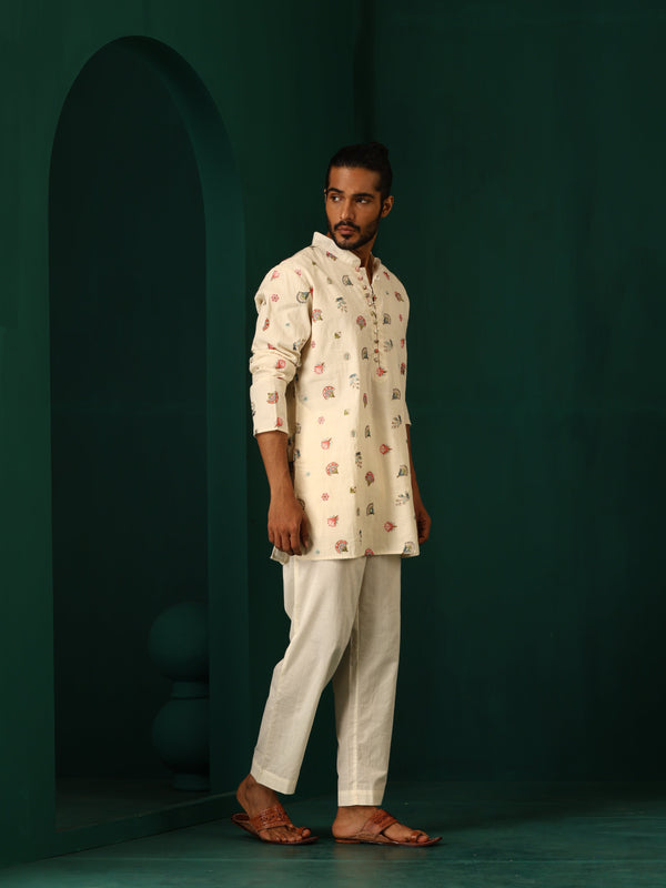 trueBrowns Men's Ivory Multi color Floral Cotton Co-ord Set