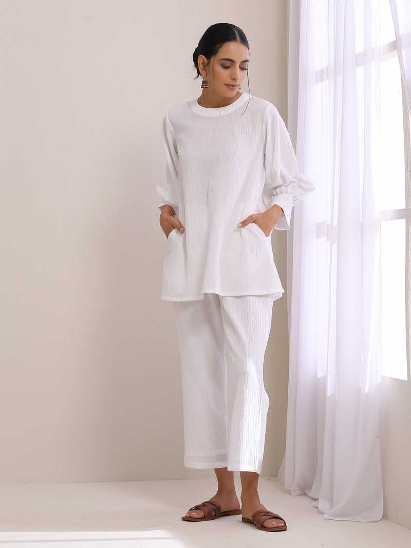White Dobby Baggy Sleeve Co-Ord Set