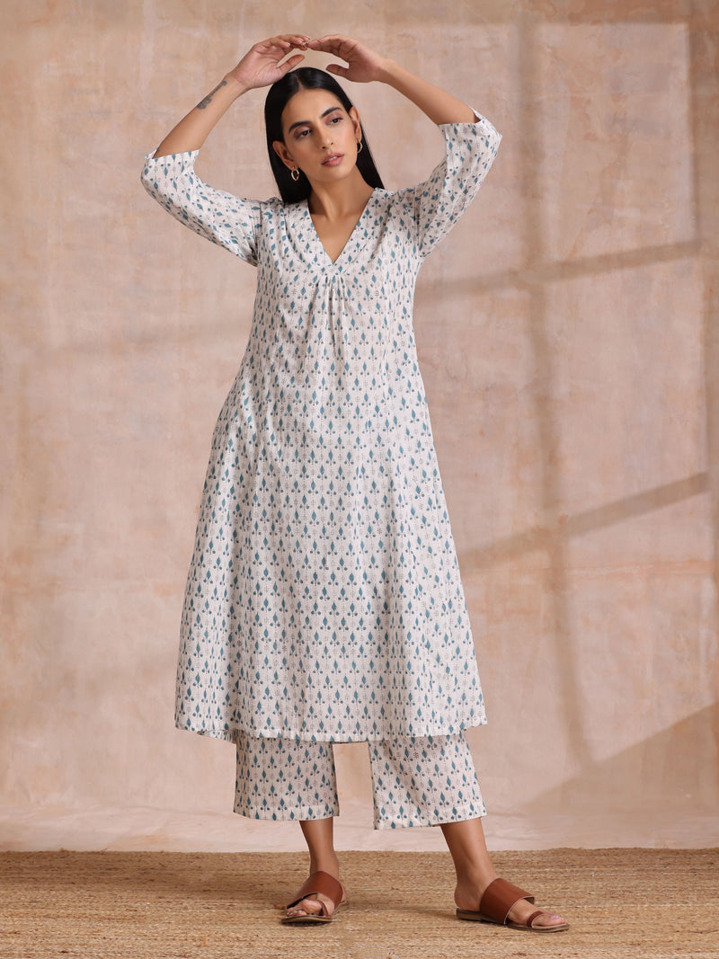 White With Teal Buta Block Print Cotton Front Neck Gathered Kurta Pant Set