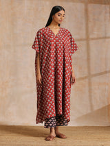Rust Red Bagru Floral Print Cotton Panel Kaftan Kurta Pant Set