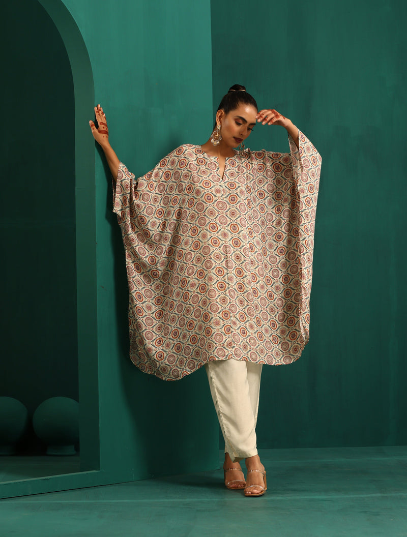 trueBrowns Off White Circle Floral Muslin Silk Printed Kaftan Pant Set