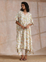 Pink Yellow Floral On White Block Print Cotton Panel Kaftan Kurta Pant Set