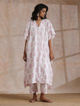 Pink Big Buta On White Print Cotton Panel Kaftan Kurta Pant Set
