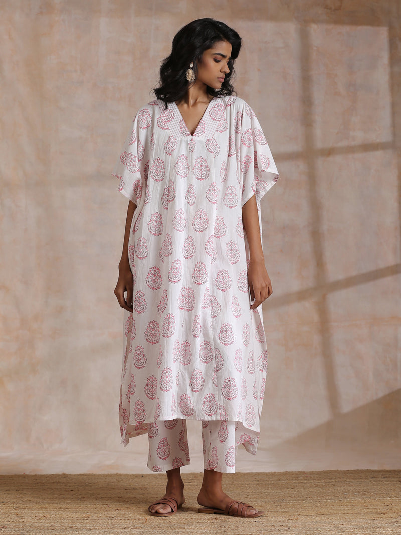 Pink Big Buta On White Print Cotton Panel Kaftan Kurta Pant Set