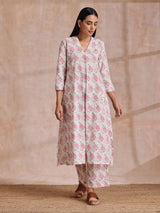Pink Green Buta On White Block Print Cotton Slit Kurta Pant Set