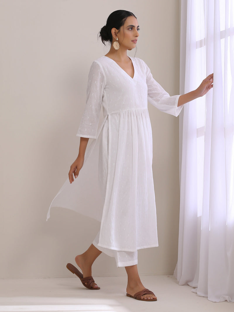 White Dobby High Slit Gathered Kurta Set