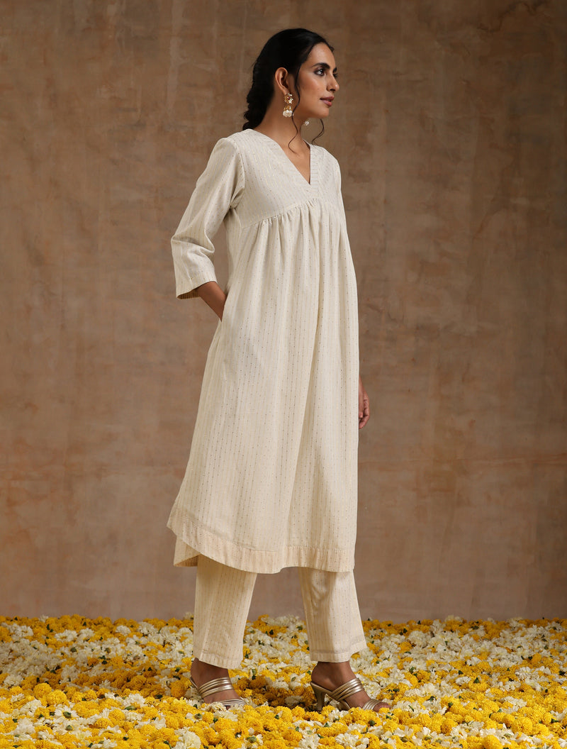 Ivory Gold Cotton Flared Kurta Set