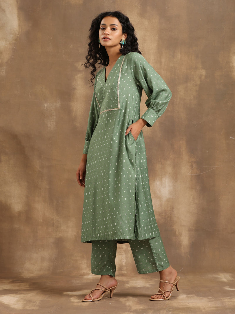 Light Green Bandhani Printed Silk Kurta Pant Set