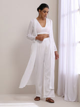 White Dobby Overlay Jacket Blouse Pant Set