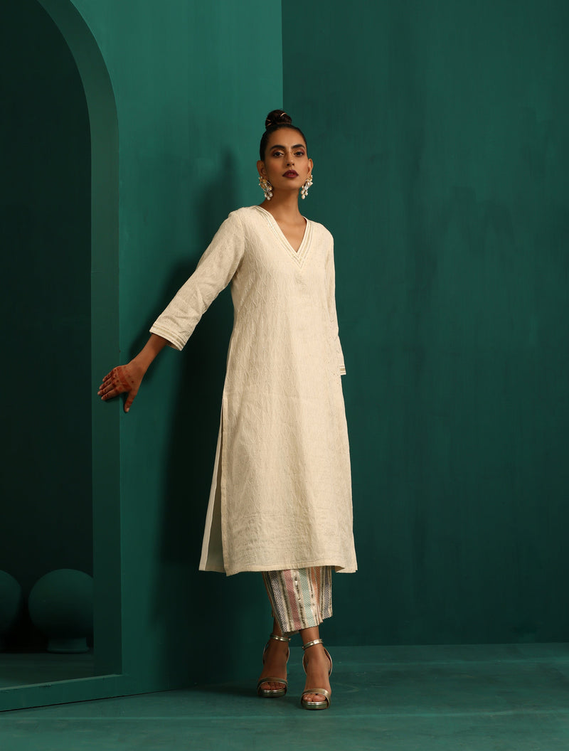 trueBrowns Ivory Tonal Cotton Kurta with Embroidered Pants