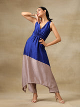 Blue and Grey Textured Silk Sleeveless Round Hemline Kurta Pant Set