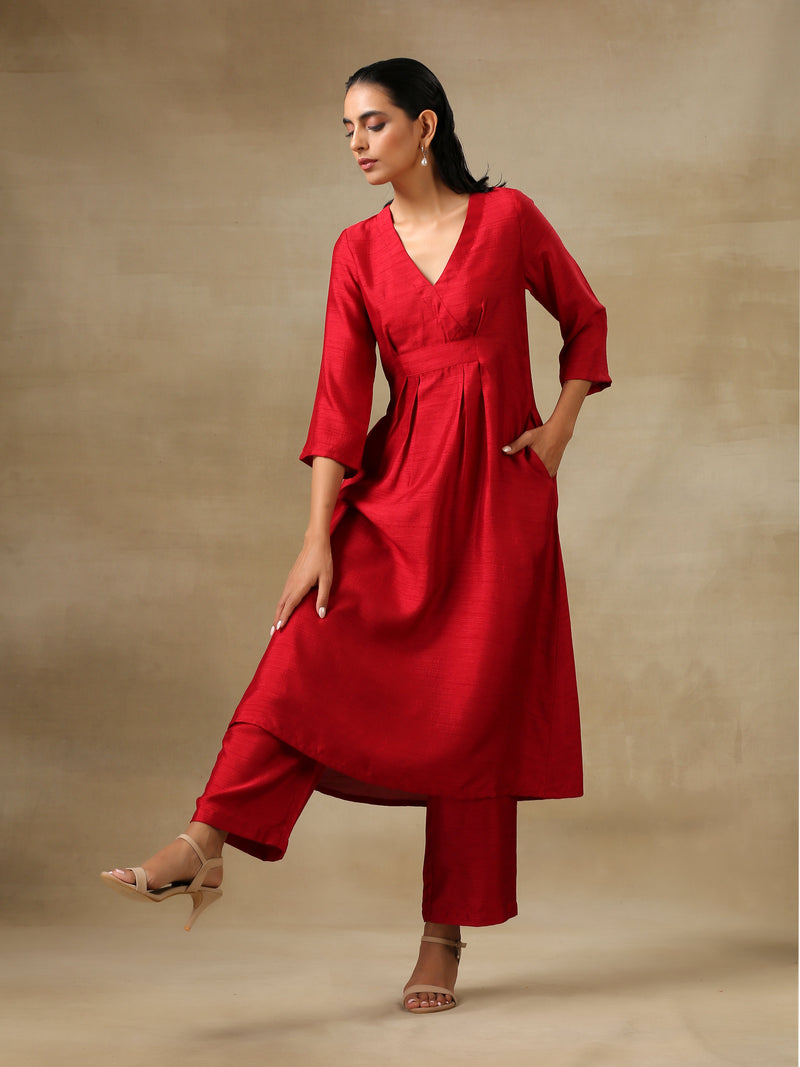 Maroon Textured Silk Overlap Pleat Kurta Pant Set