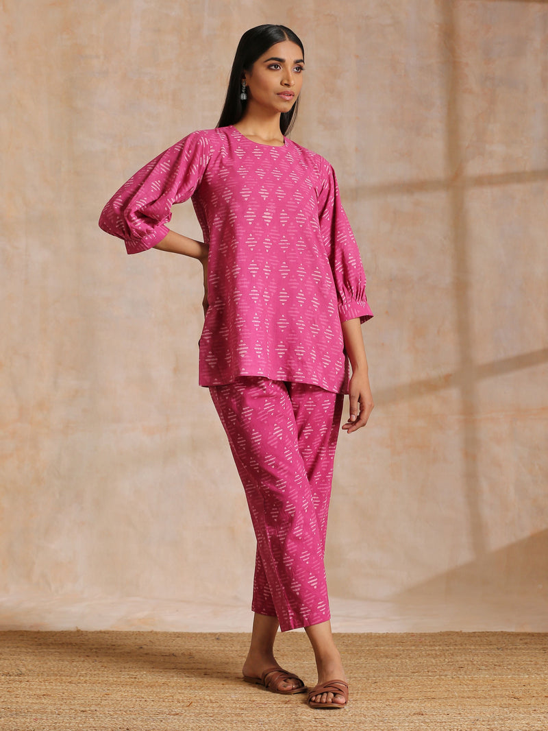 Pink Dabu Print Cotton Baggy Sleeve Co-Ord Set