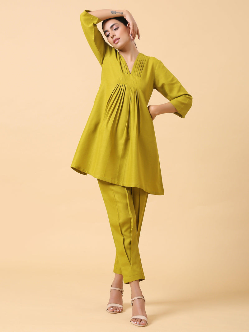 Cotton Linen Lime Green Pleated Co-Ord Set - trueBrowns