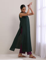 Dark Green Dobby Sleeveless Kurta Pant Set