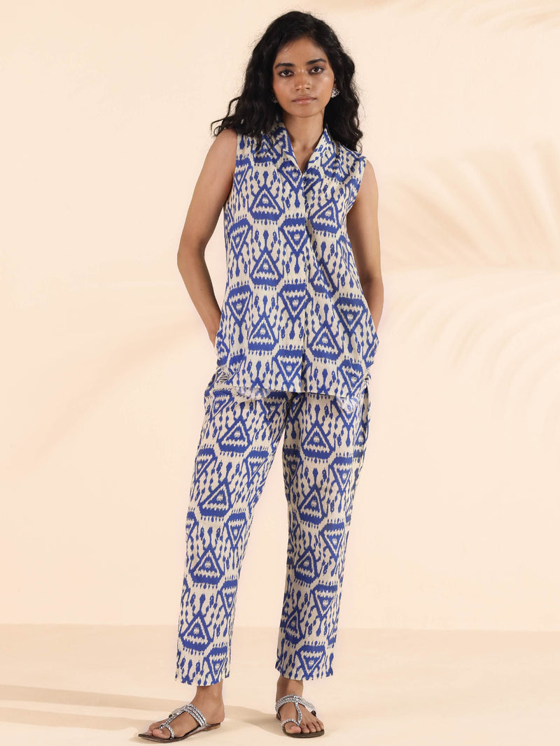 trueBrowns Blue Cotton Ikat Sleeveless Co-ord Set