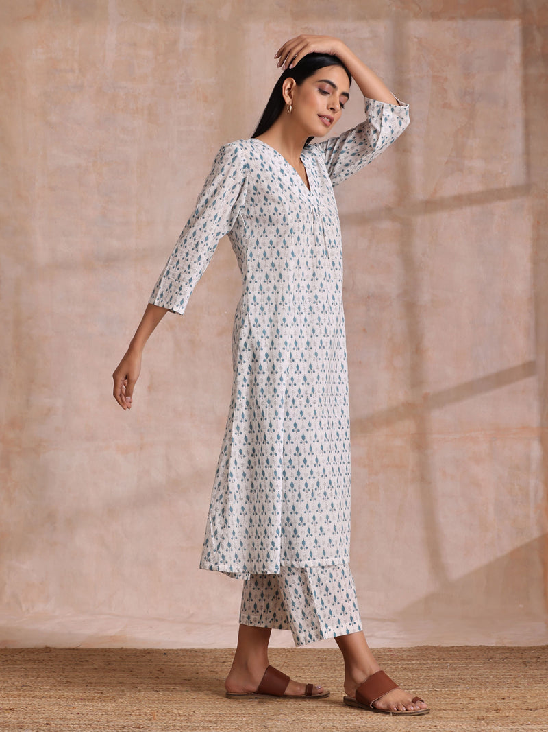 White With Teal Buta Block Print Cotton Front Neck Gathered Kurta Pant Set