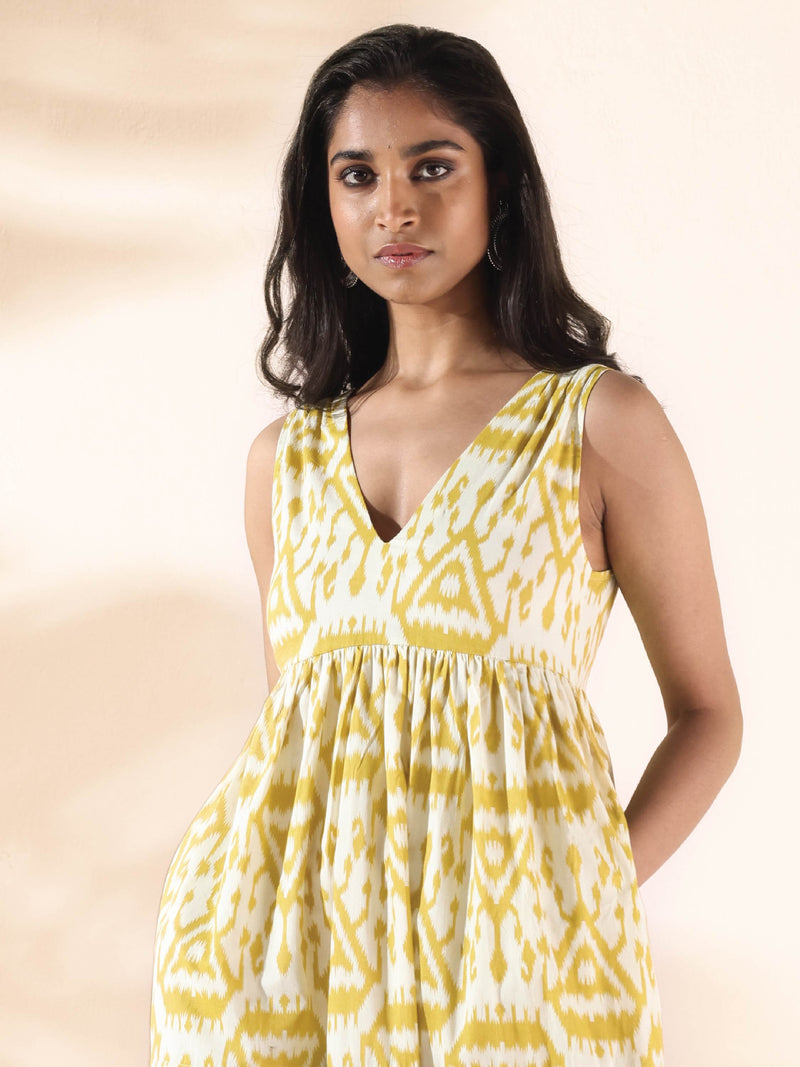 trueBrowns Lime Cotton Ikat Sleeveless Flared Dress