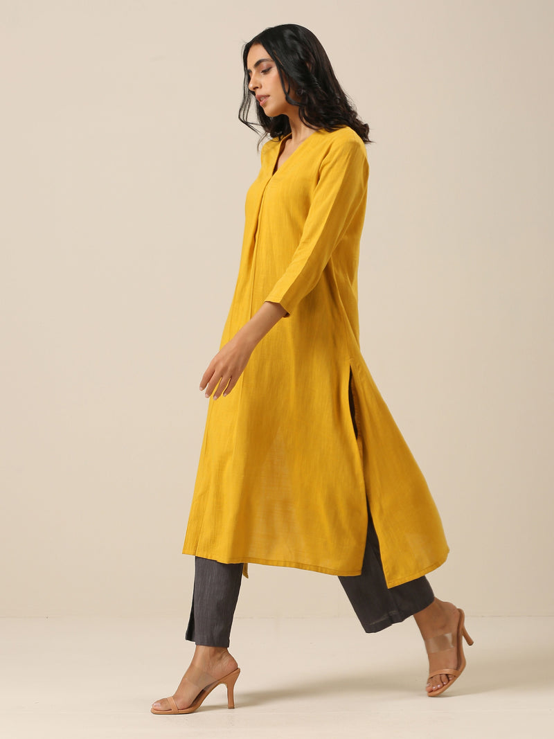Mustard Yellow Slub Texture Neck Pleat Kurta Pant Set