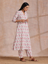 Pink Green Buta On White Block Print Cotton Slit Kurta Pant Set
