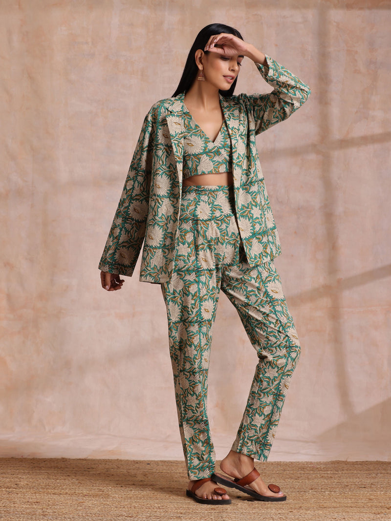 Fern Green Overall Floral Block Print Cotton Pant Suit Set