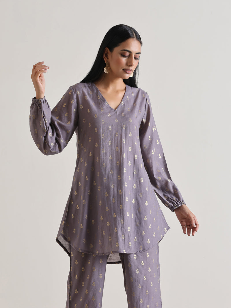 Plum Grey Foil Short Co-Ord Set