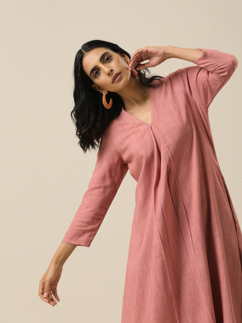 Light Mauve Slub Texture Neck Pleat Kurta Pant Set