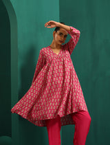 trueBrowns Pink Leaf Muslin Silk Printed Yoke Gathered Co-ord Set