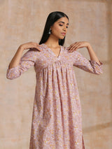 Grey Overall Floral Block Print Cotton Flared Slit Kurta Pant Set
