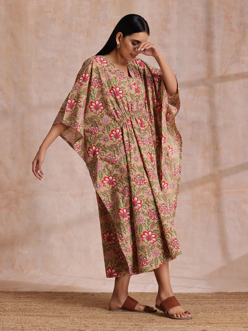 Beige Overall Big Floral Block Print Cotton Kaftan Dress