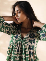 trueBrowns Green Cotton Ikat Flared Dress