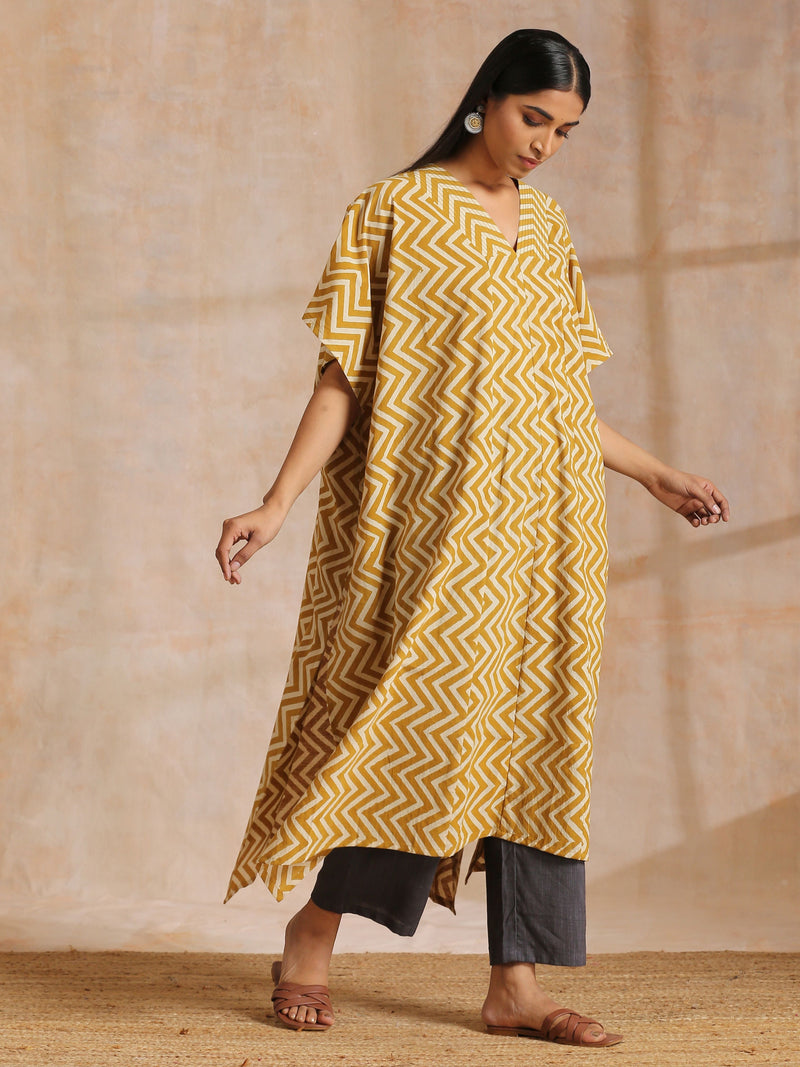Mustard Dabu Zig-Zag Lines Print Cotton Panel Kaftan Kurta Pant Set