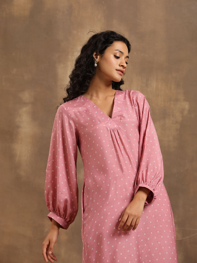 Light Mauve Bandhani Printed Silk Kurta Pant Set