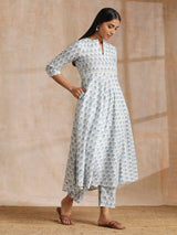 White With Blue Green Buta Print Cotton Flared Kurta Pant Set