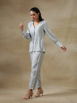 Grey Bandhani Printed Silk Front Open Short Co-Ord  Set