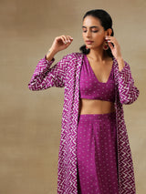 Purple Bandhani Printed Silk Top Skirt Jacket Set