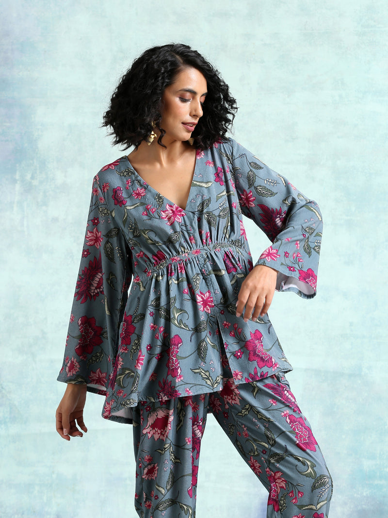 Grey Printed Velvet Co-Ord Set