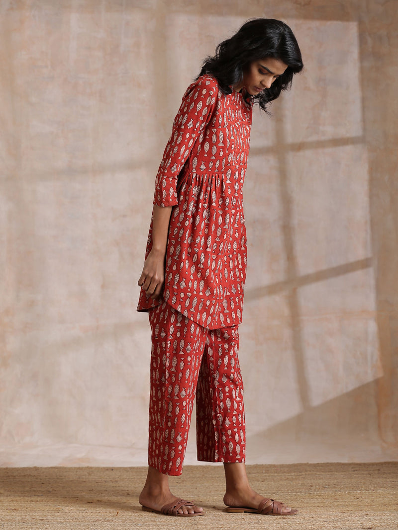Rust Red Bagru Fish Print Cotton Gathers Co-Ord Set