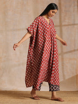 Rust Red Bagru Floral Print Cotton Panel Kaftan Kurta Pant Set