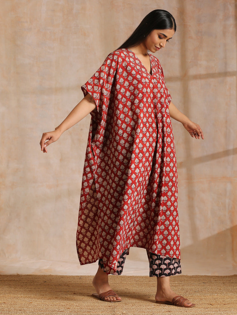 Rust Red Bagru Floral Print Cotton Panel Kaftan Kurta Pant Set