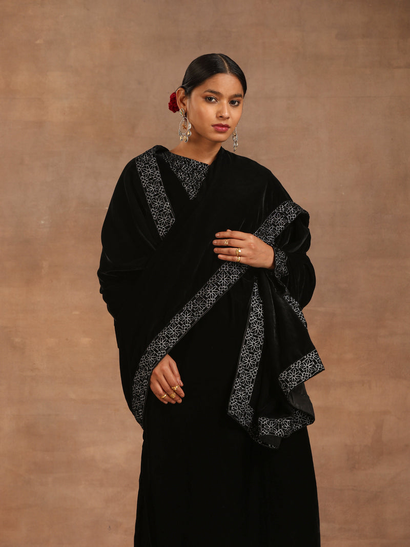 trueBrowns Black Velvet Embroidered Shawl