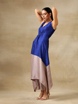 Blue and Grey Textured Silk Sleeveless Round Hemline Kurta Pant Set