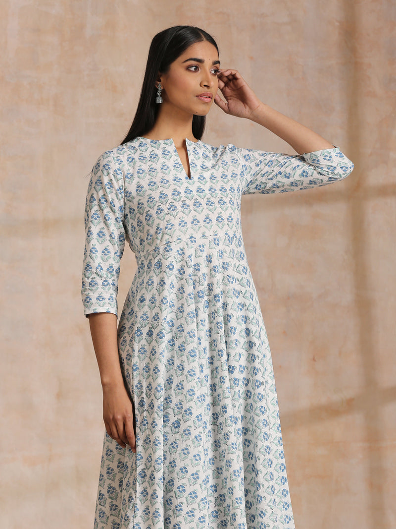 White With Blue Green Buta Print Cotton Flared Kurta Pant Set